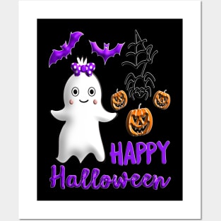 Pumpkin baby girl ghost Kawaii bat spider Happy Halloween violet orange black dots ribbon 3D tridimensional 317 Posters and Art